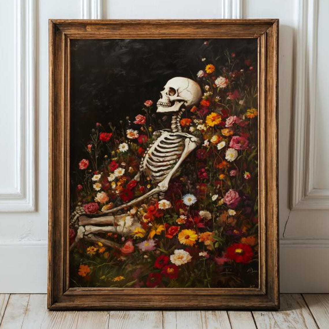 Skeleton Wildflower Meadow Poster Gothic Floral Dark Academia Decor