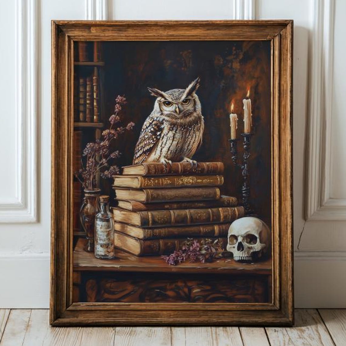 Owl Perched on Antique Books Skull Candles Dark Academia Gothic Poster