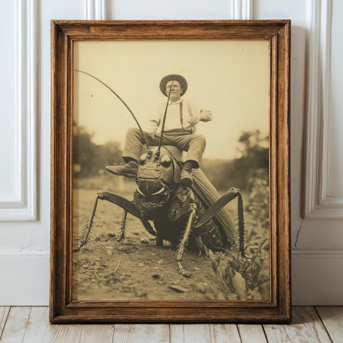 Quirky Grasshopper Cowboy Rustic Retro Humorous Art