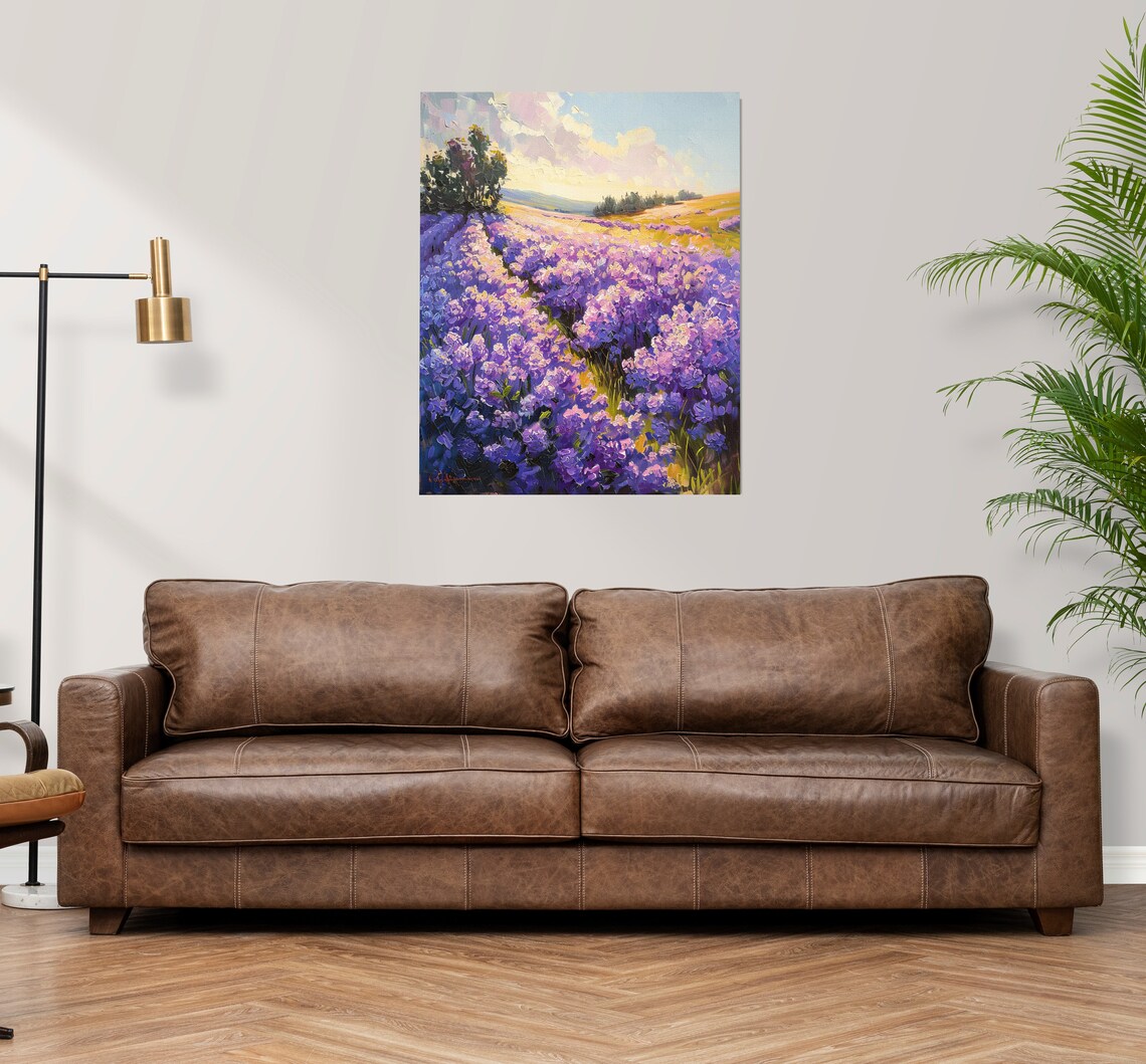 Impasto Lavender Field at Sunrise with Golden Rolling Hills Poster - Image 3