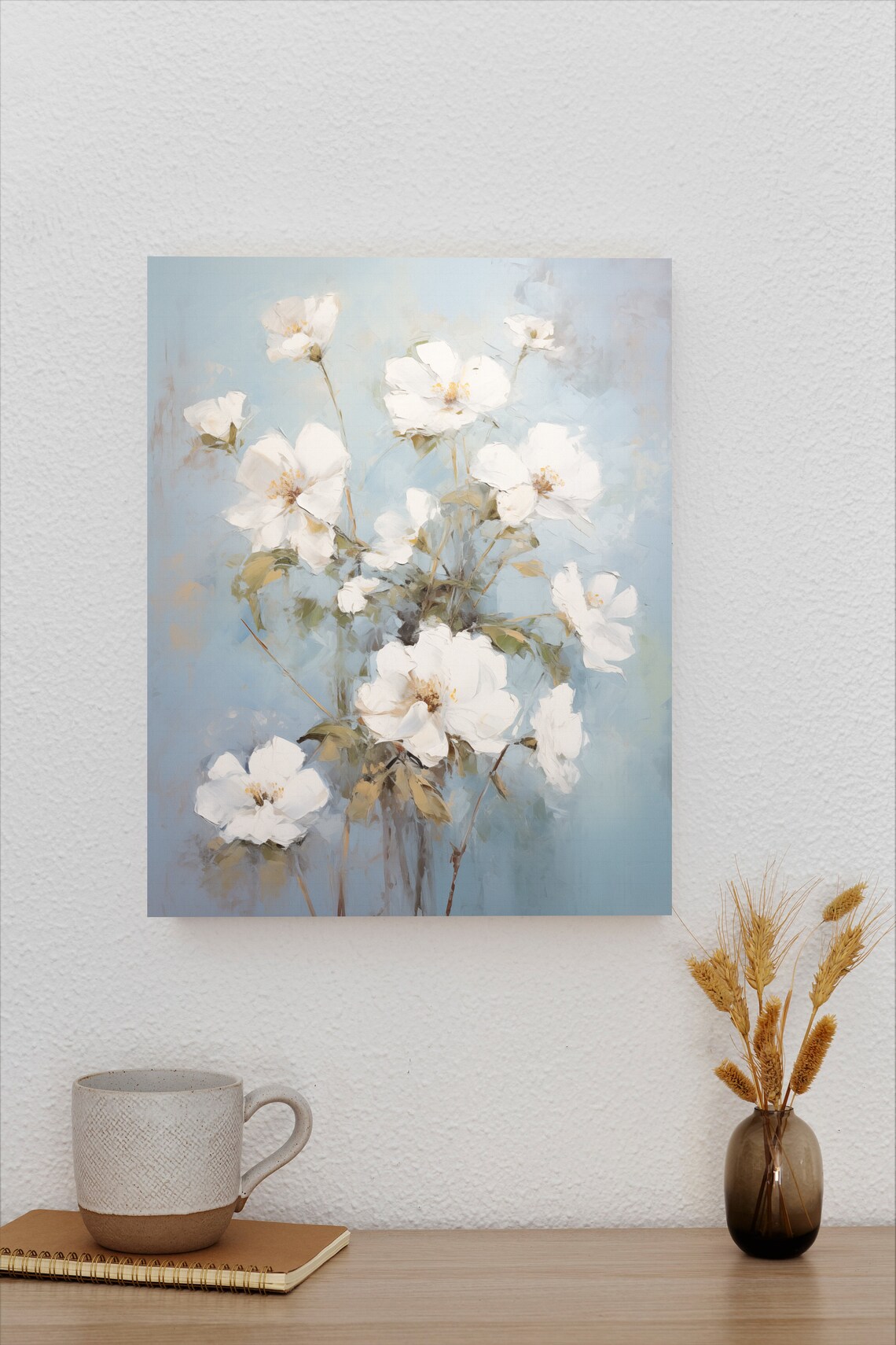 Delicate White Wildflowers on Soft Blue Background Floral Art Poster - Image 2