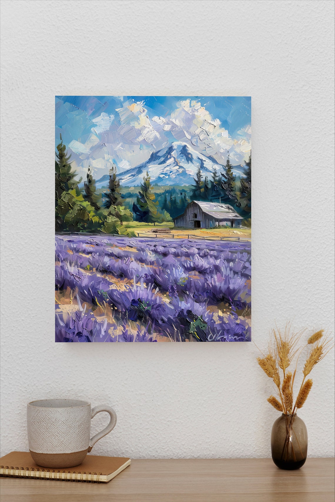 Lavender Rows with Weathered Gray Barn Beneath Snow-Capped Peak Poster - Image 2