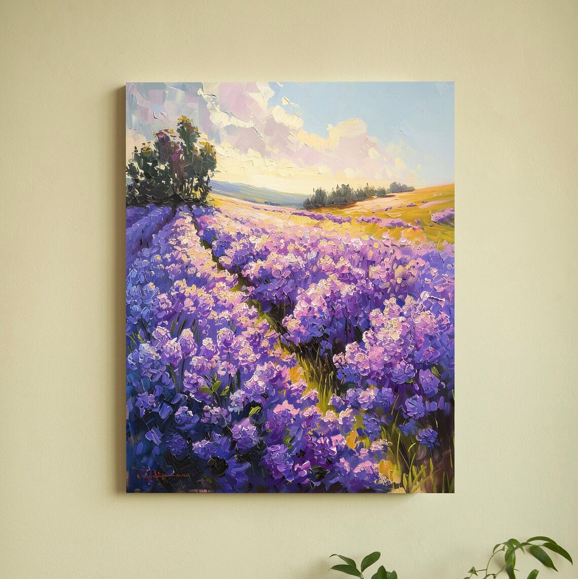 Impasto Lavender Field at Sunrise with Golden Rolling Hills Poster