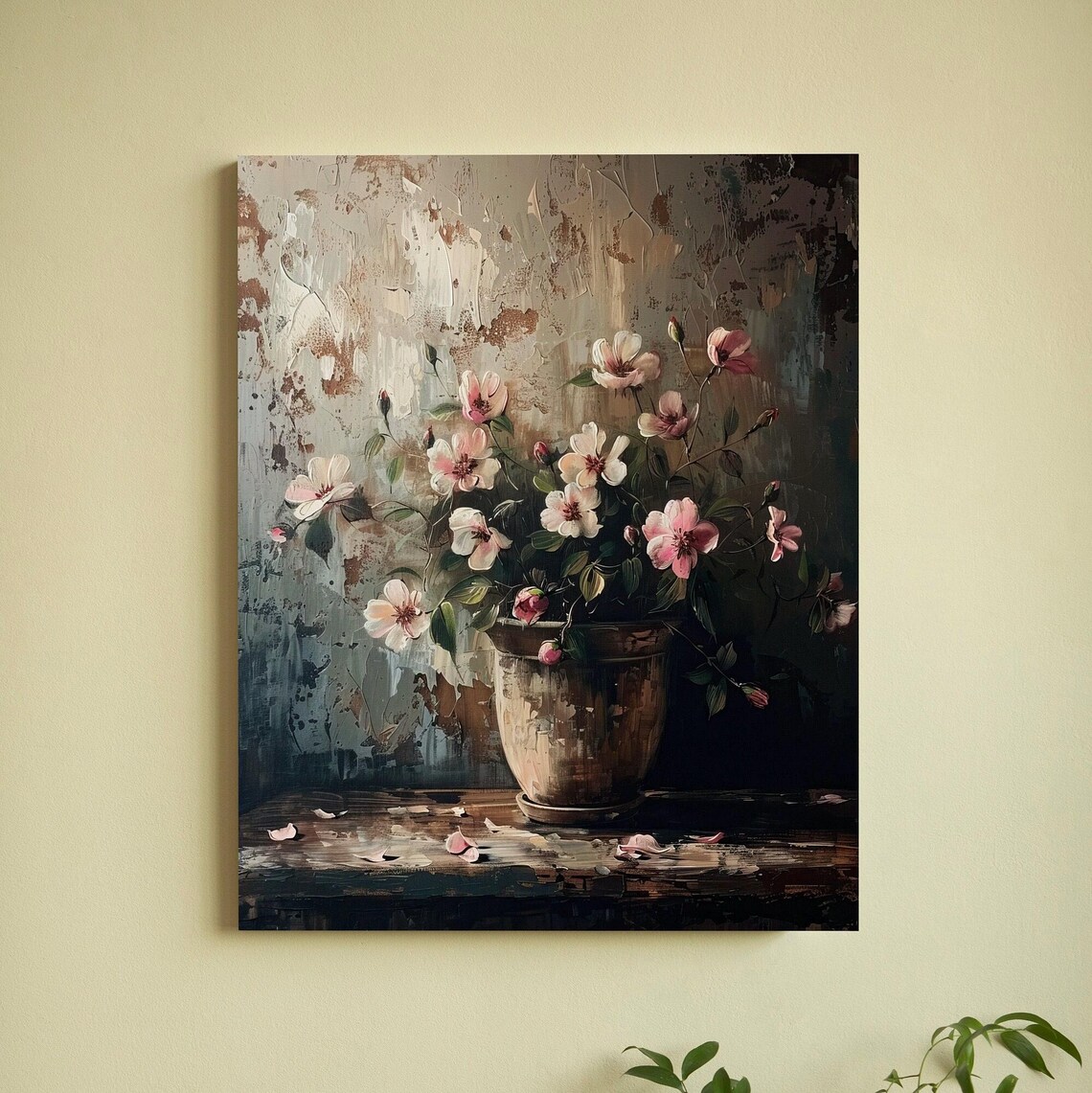 Pink Cherry Blossoms in Rustic Clay Pot Moody Floral Still Life Poster