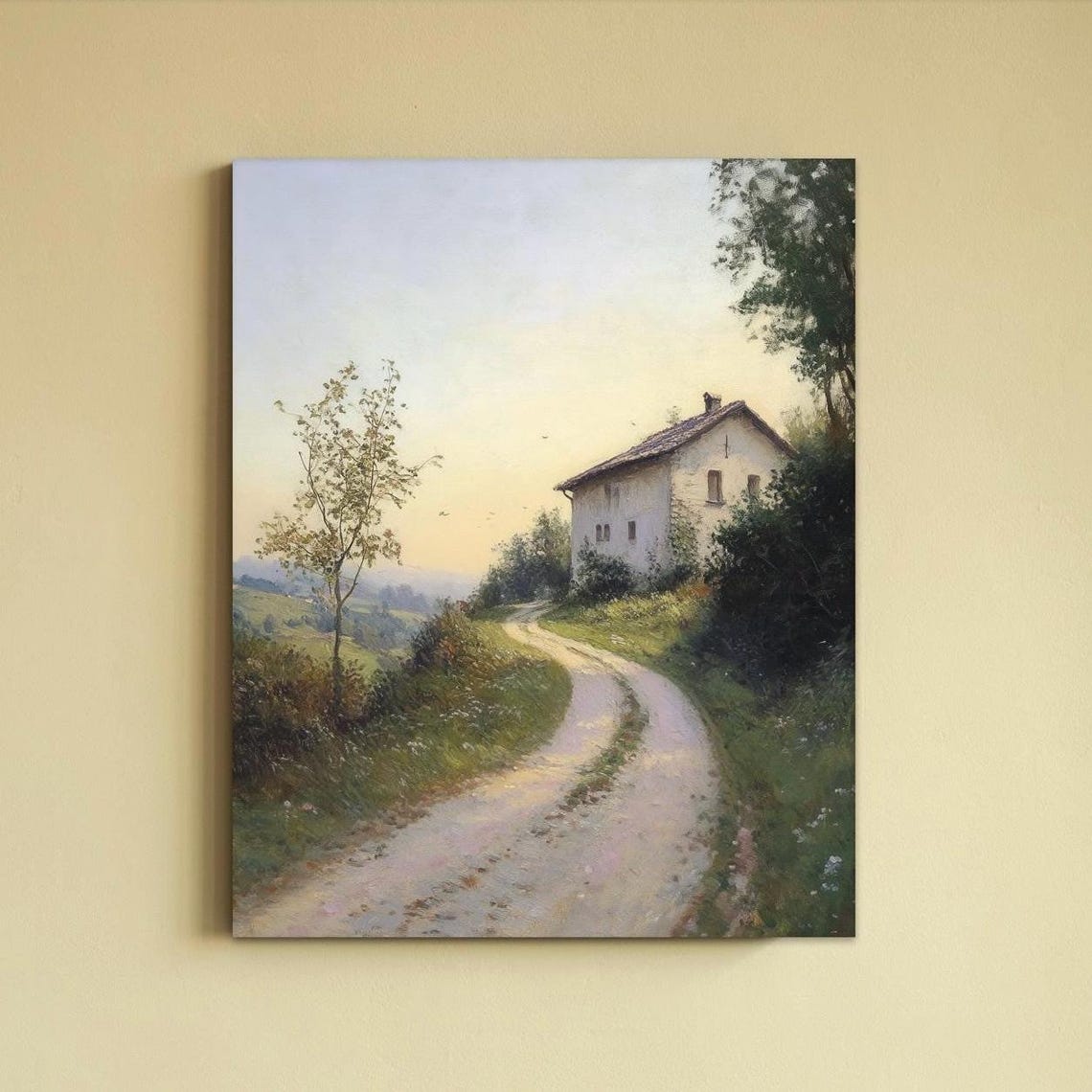 Country Cottage Poster with Winding Dirt Road in Soft Evening Light