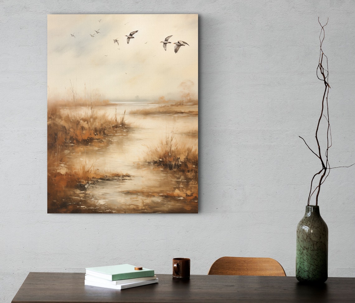 Misty Marsh Wetland with Flying Ducks at Dawn in Warm Tones Poster - Image 2
