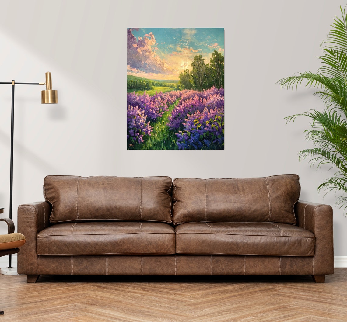 Lilac Field Sunset Green Meadow Impressionist Landscape Poster - Image 3