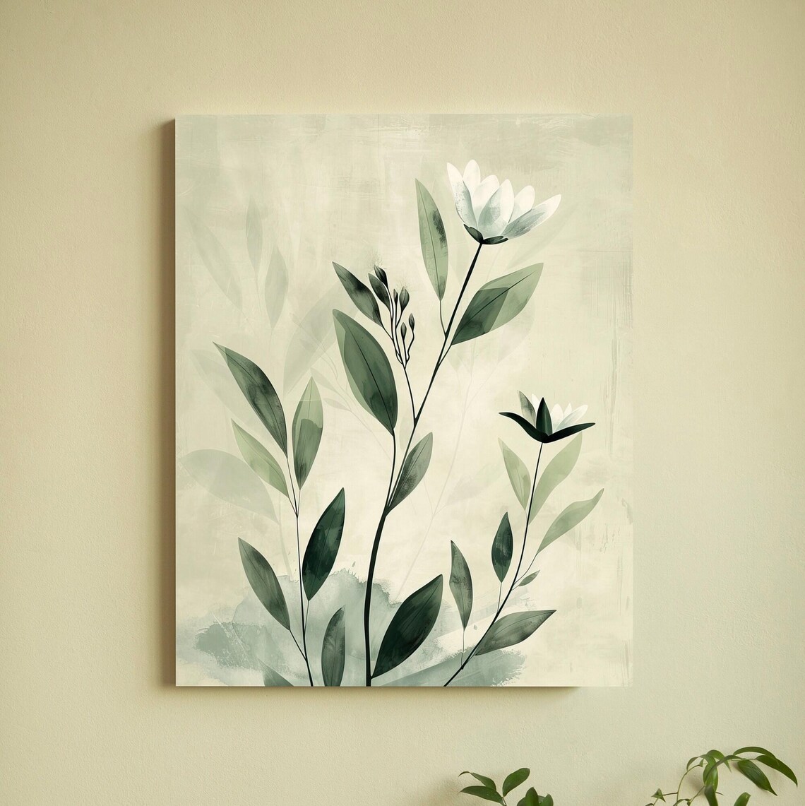 Sage Green Watercolor Stems with Delicate White Blooms Poster