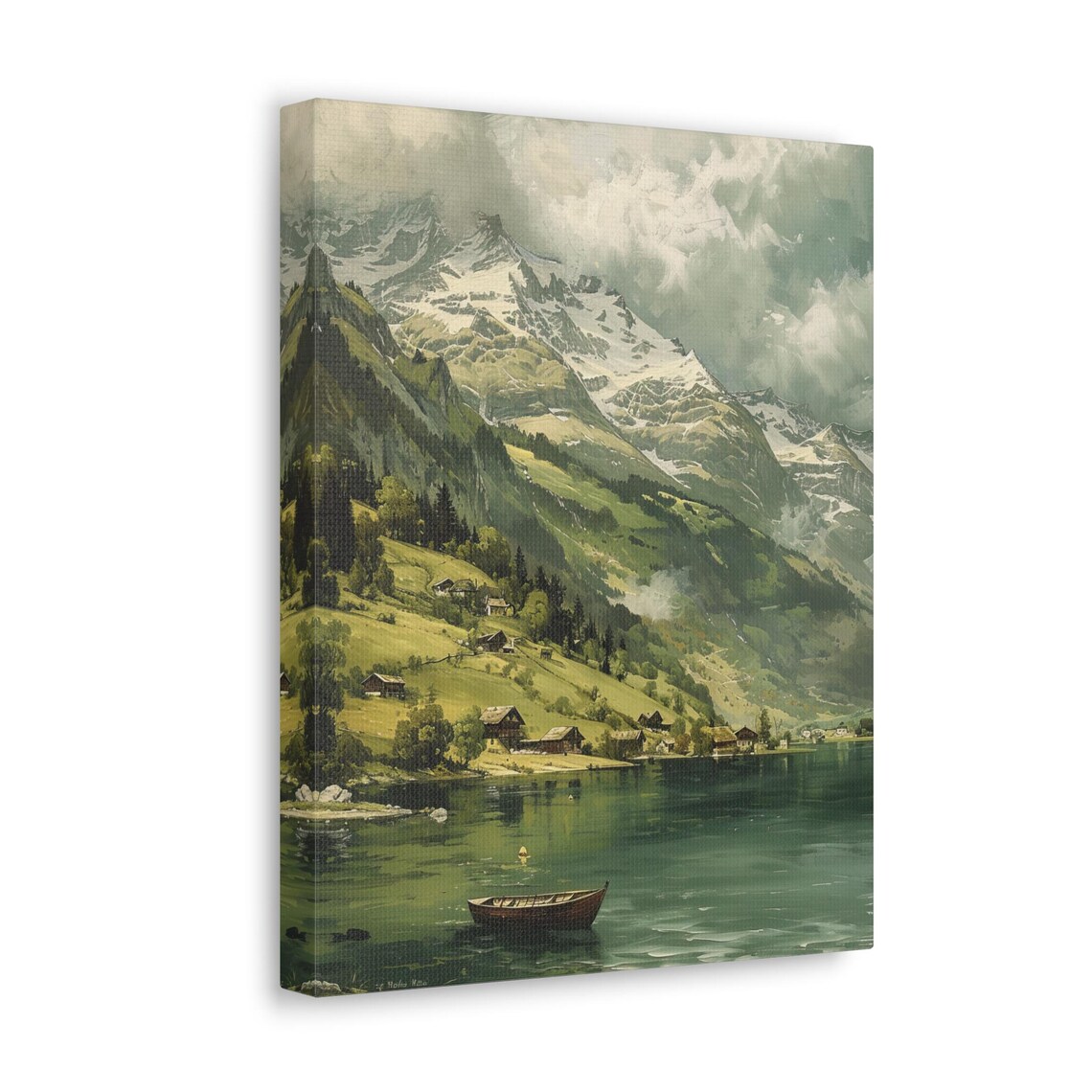 Alpine Lake with Wooden Rowboat and Village Under Snow Peaks Poster - Image 4