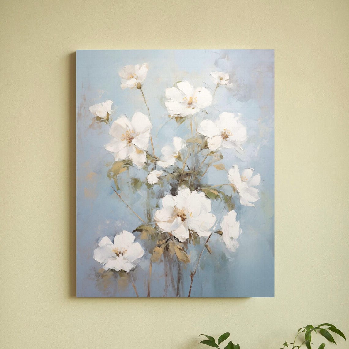 Delicate White Wildflowers on Soft Blue Background Floral Art Poster
