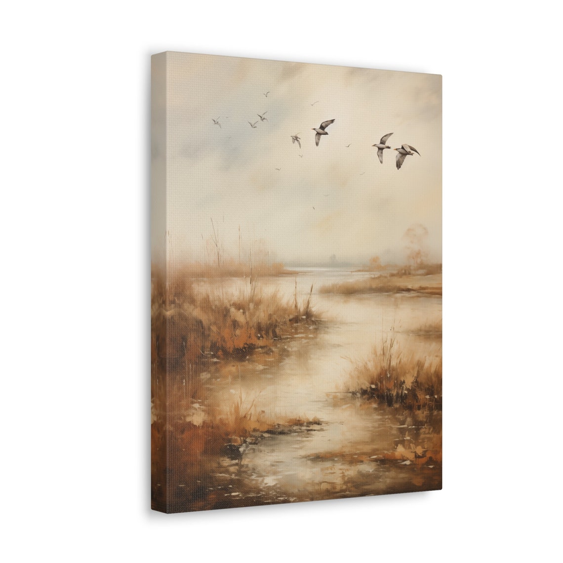 Misty Marsh Wetland with Flying Ducks at Dawn in Warm Tones Poster - Image 4