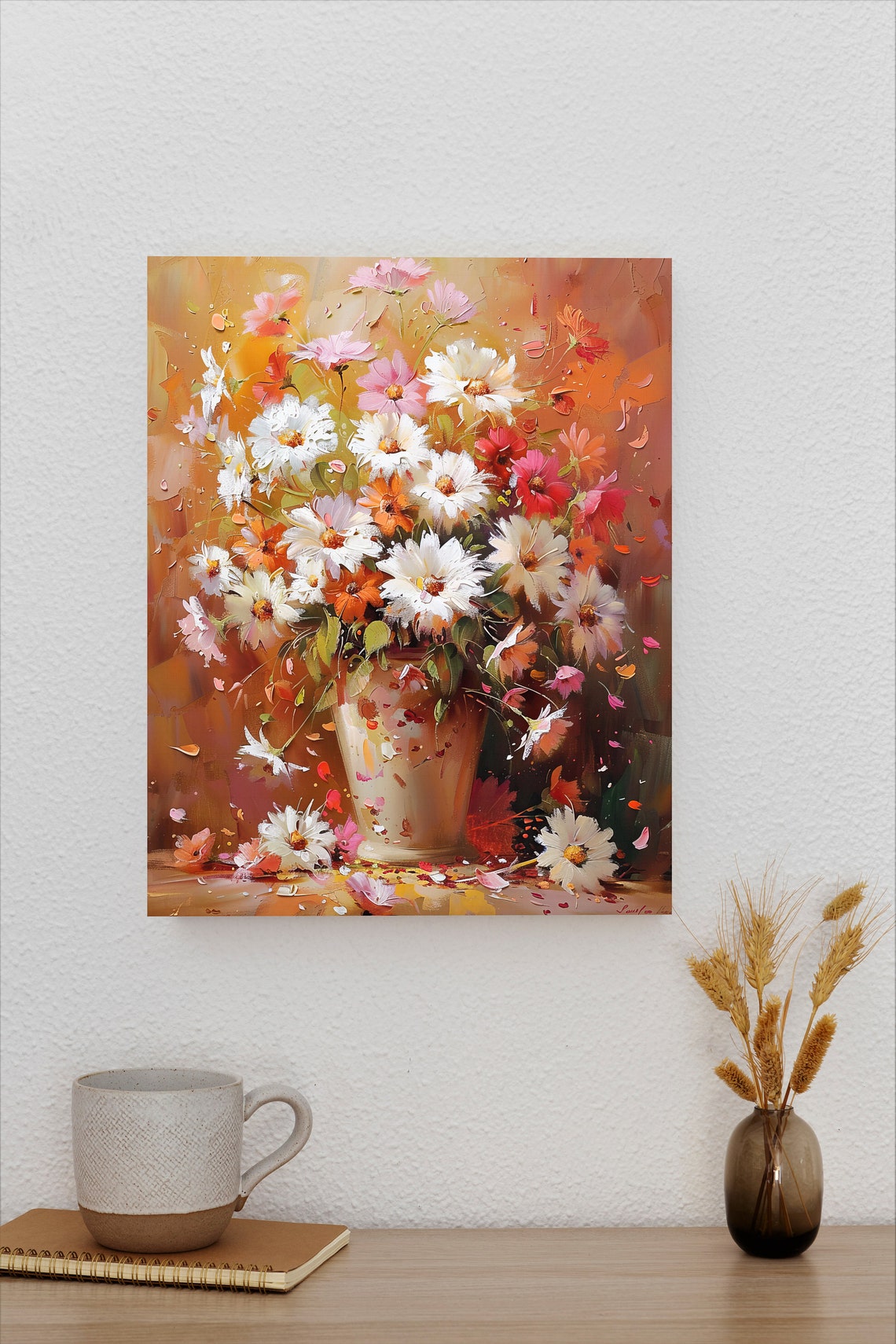 White and Pink Cosmos Bouquet in Vase with Warm Amber Glow Poster - Image 2