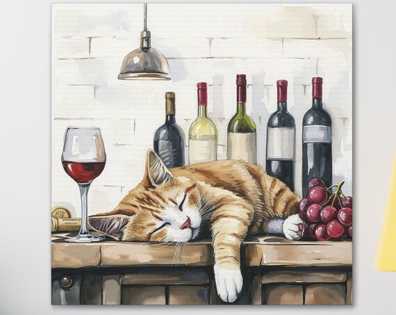 Orange Tabby Cat Sleeping on a Wine Bar Counter Scene Poster