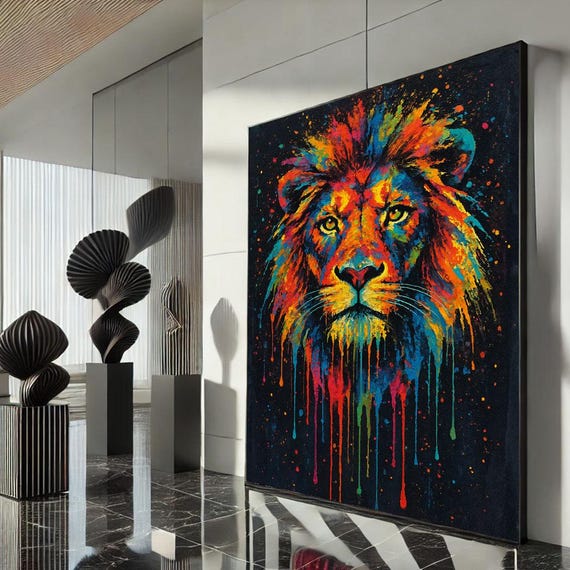 Vibrant Lion Portrait Canvas Wall Art Print Colorful Abstract Living Room Decor Statement Piece
