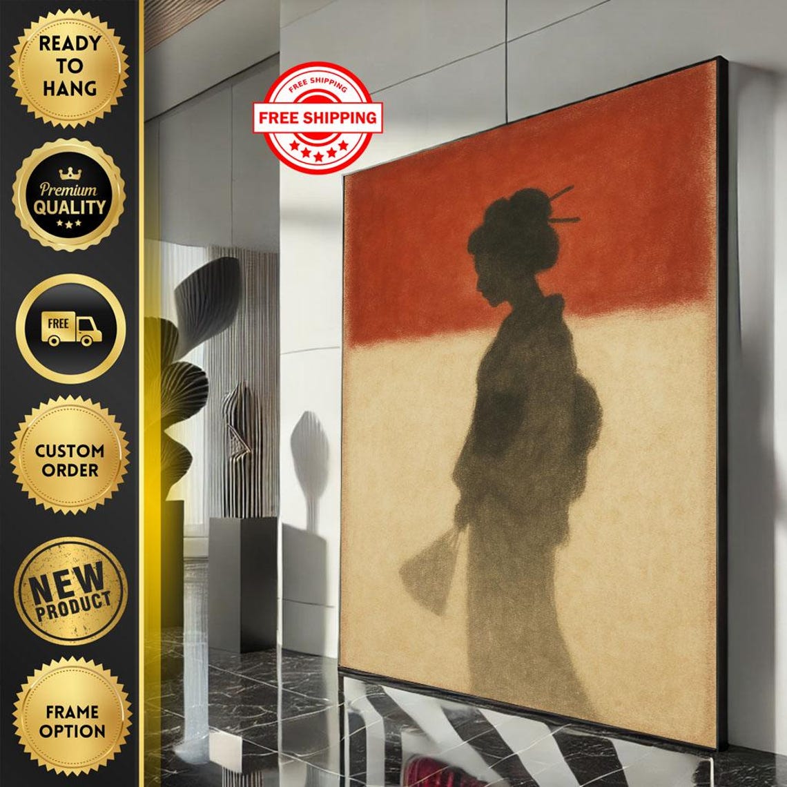 Geisha Silhouette Red Gold Abstract Minimalist Gallery Art Poster