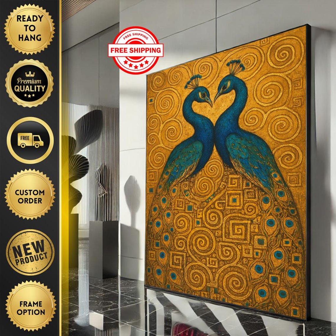 Golden Peacock Pair Blue Birds Klimt Style Ornamental Gold Poster