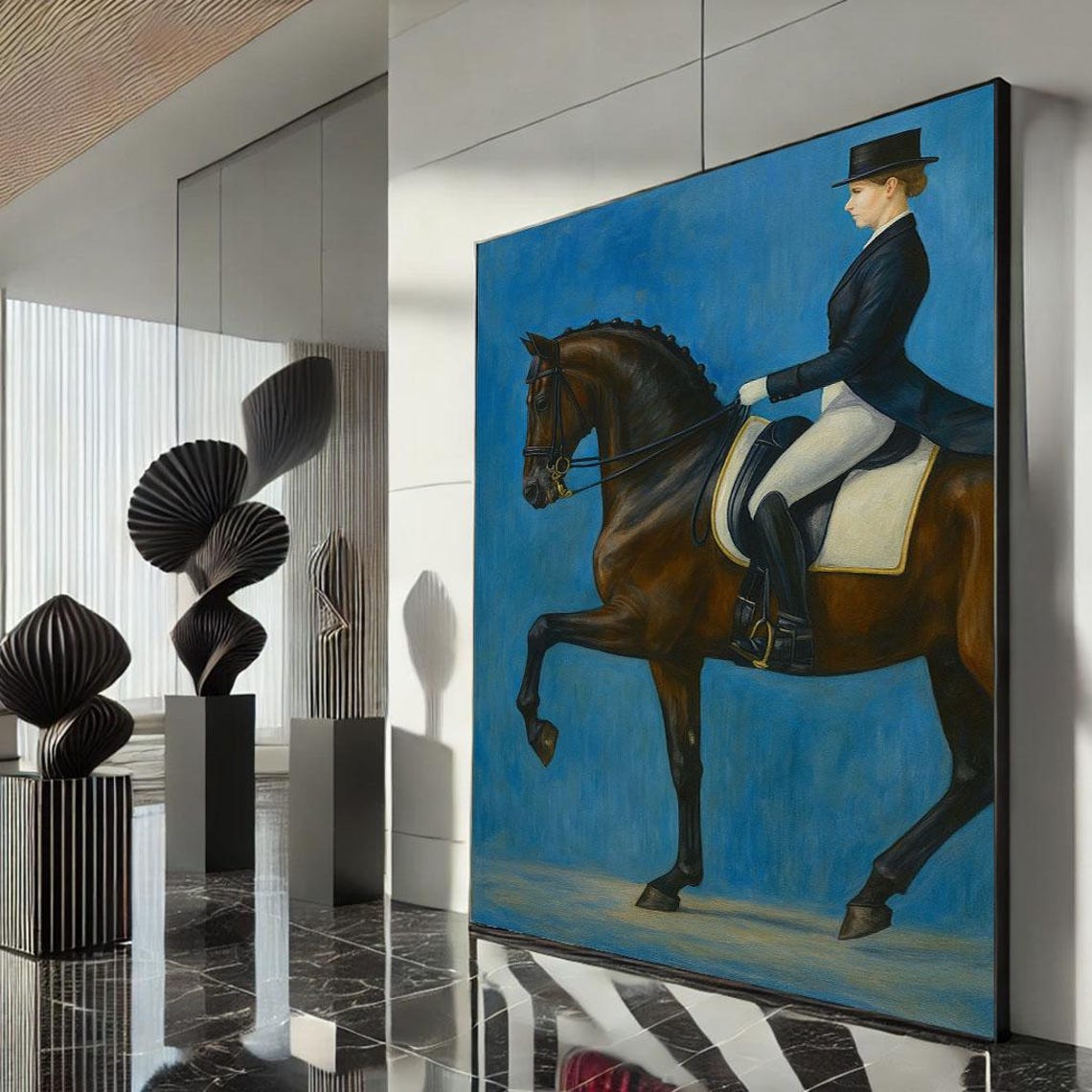 Elegant Equestrian Dressage Rider Bay Horse Blue Background Poster