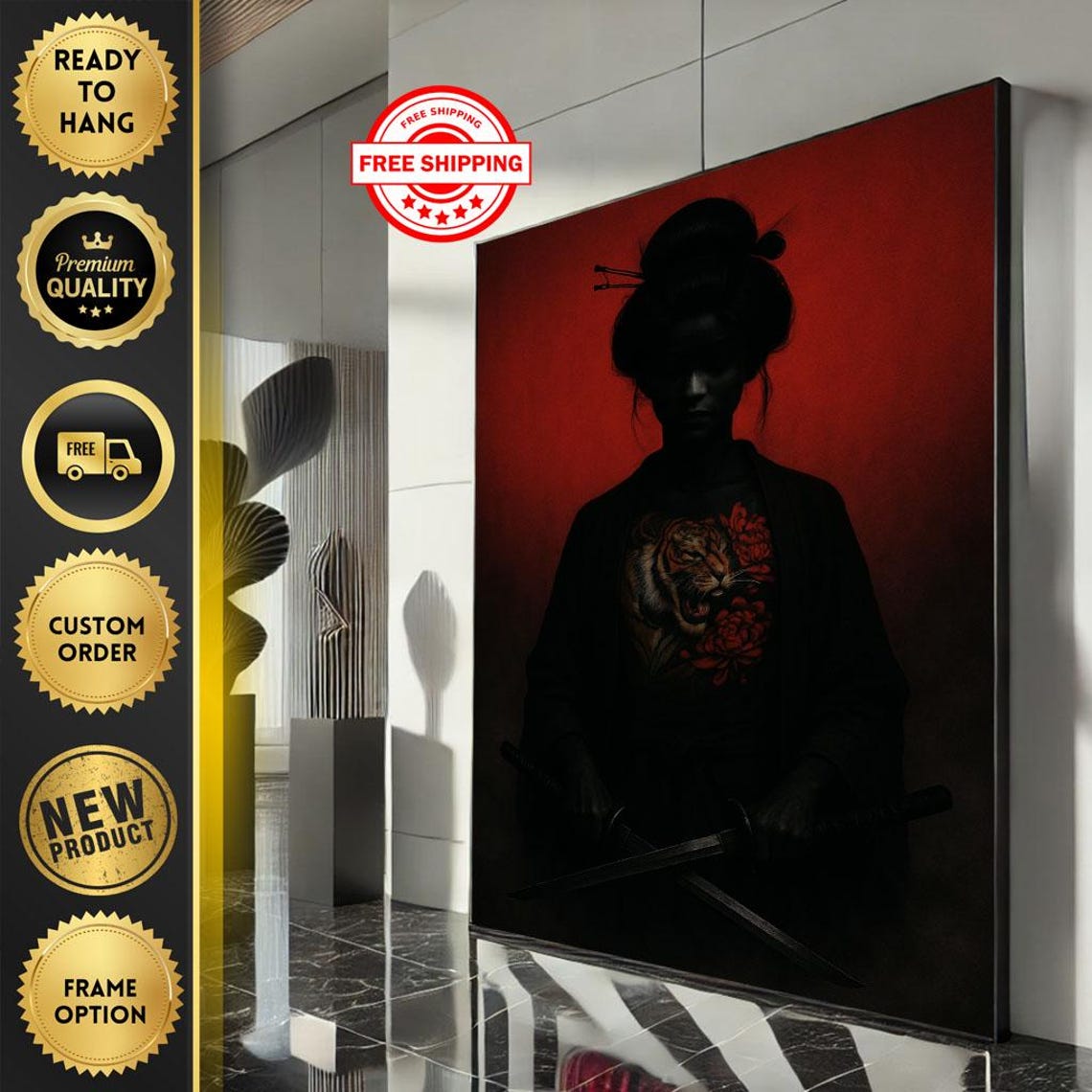 Dark Samurai Silhouette With Tiger Red Background Art Poster