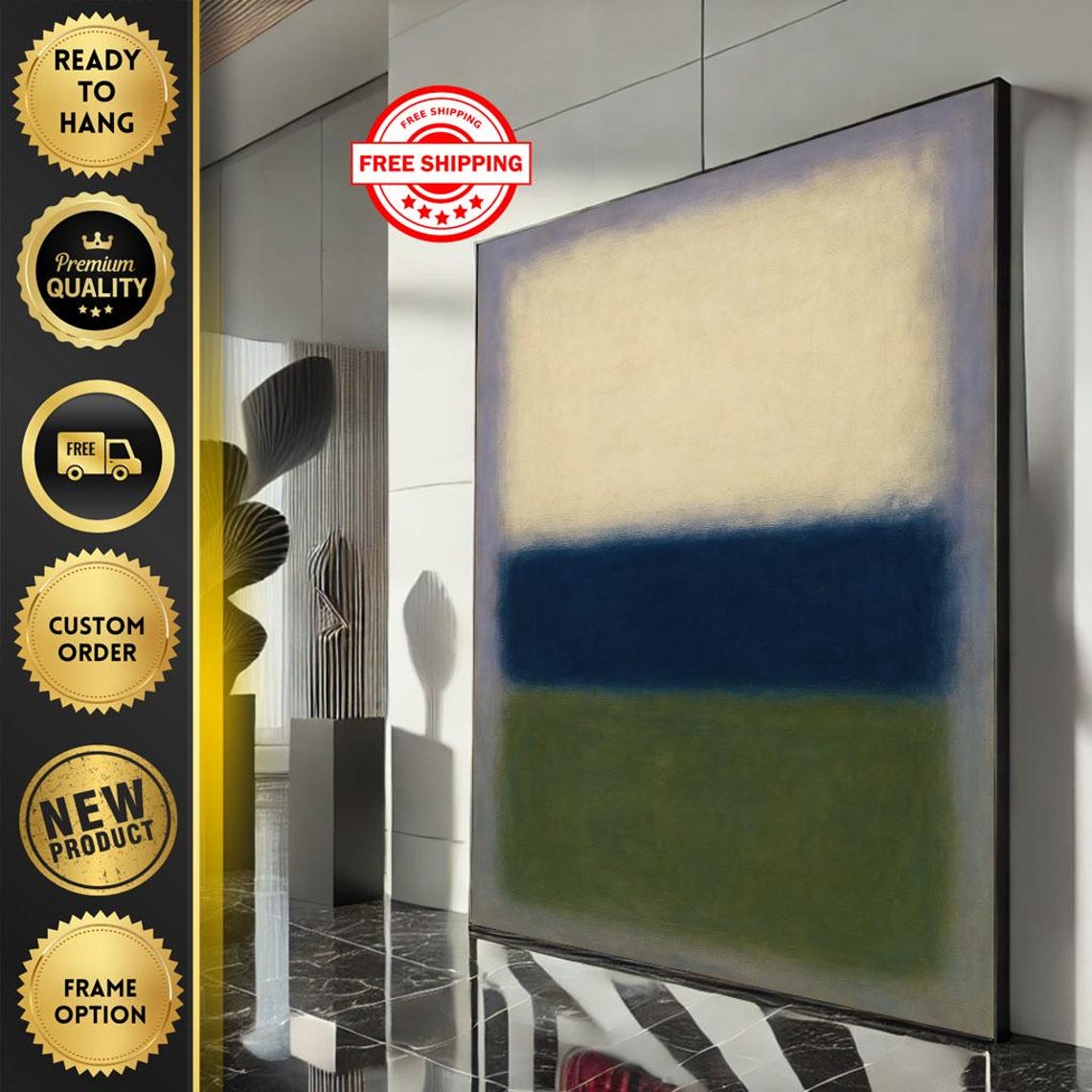 Mark Rothko Style Color Field Cream Navy Green Abstract Art Poster