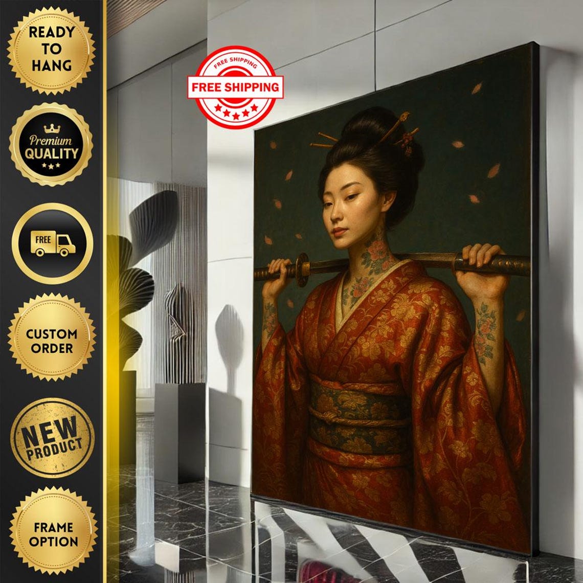 Red Kimono Warrior Woman Katana Moonlit Dark Portrait Art Poster