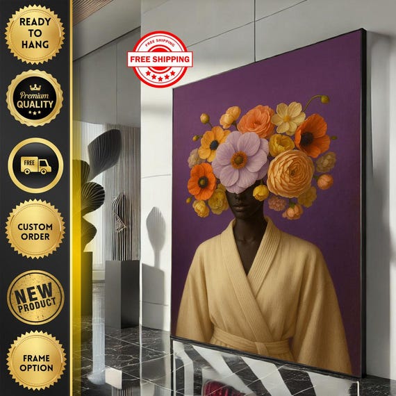 Elegant African Woman Floral Portrait Canvas Wall Art Print Modern Living Room Decor Ready To Hang