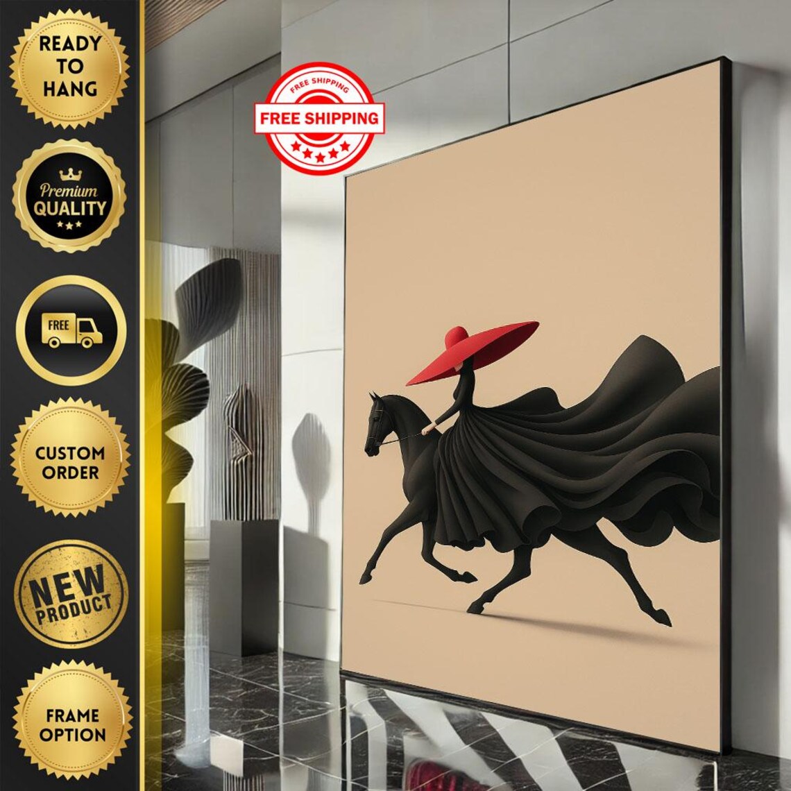 Lady On Black Horse Red Hat Minimalist Fashion Equestrian Poster