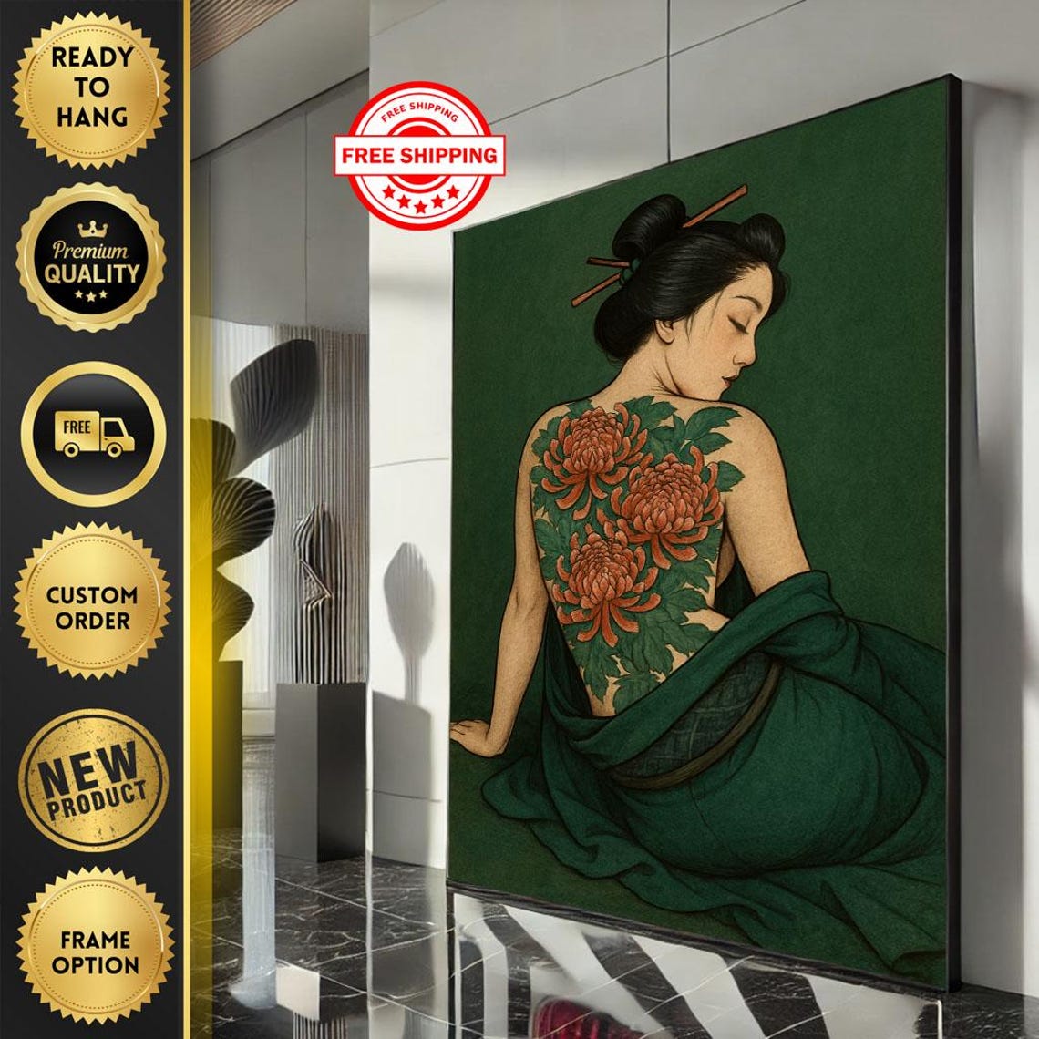 Geisha With Chrysanthemum Back Tattoo Green Kimono Elegant Poster