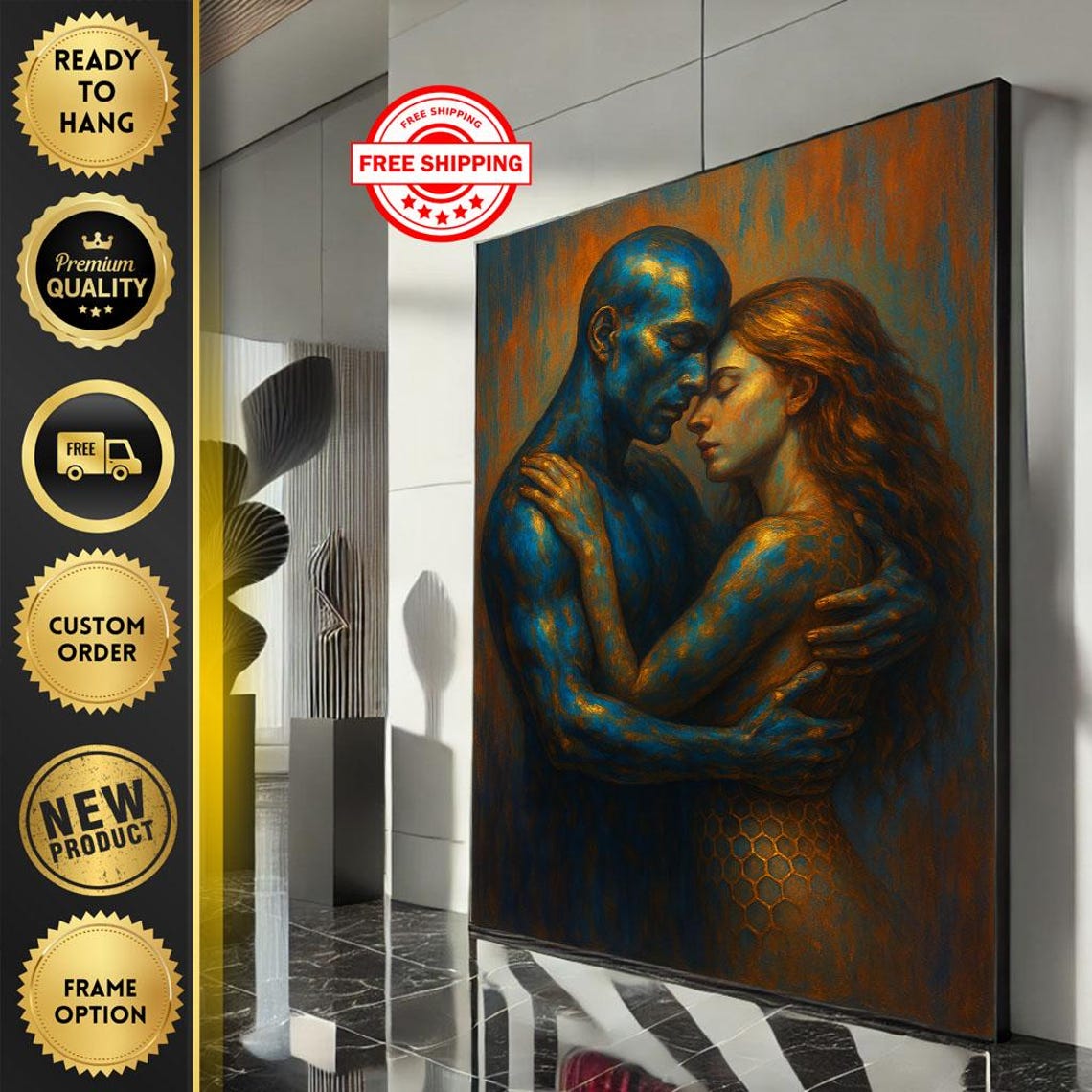 Passionate Embrace Lovers Blue Gold Romantic Couple Art Poster