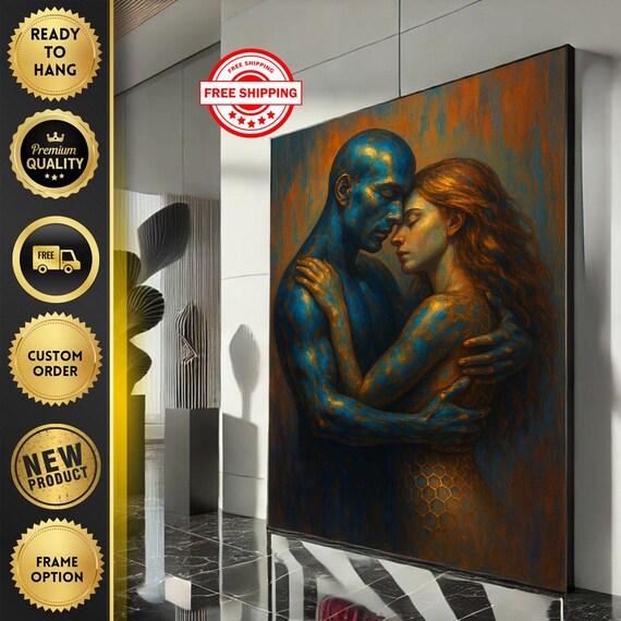 Passionate Embrace Lovers Blue Gold Romantic Couple Art Poster