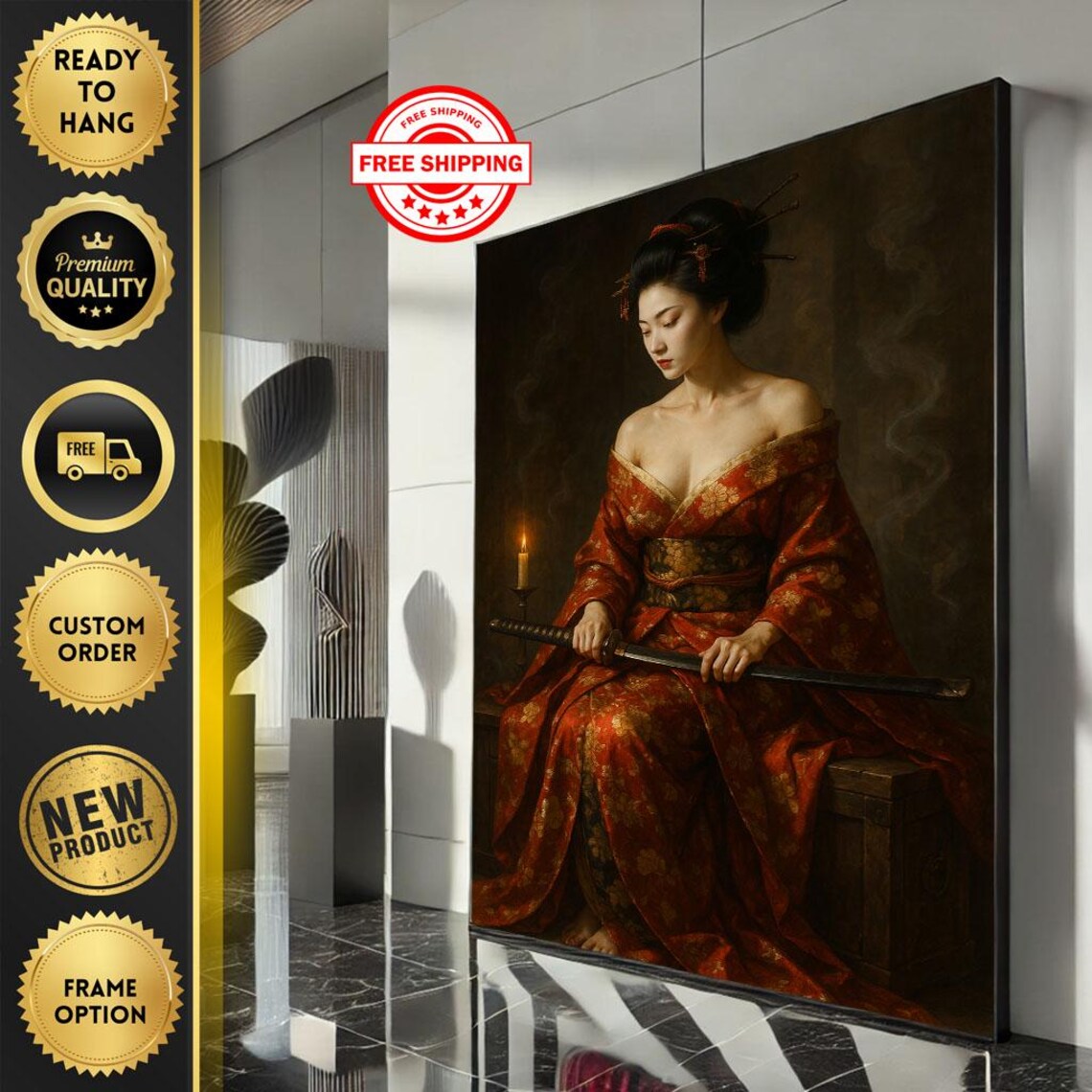 Elegant Geisha In Red Kimono Holding Katana Sword Portrait Poster