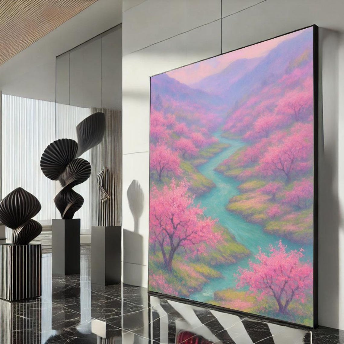 Pink Cherry Blossom Valley Around Turquoise River Spring Poster