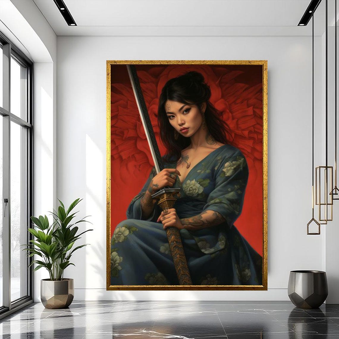 Fierce Tattooed Samurai Woman with Sword Red Flames Portrait Poster