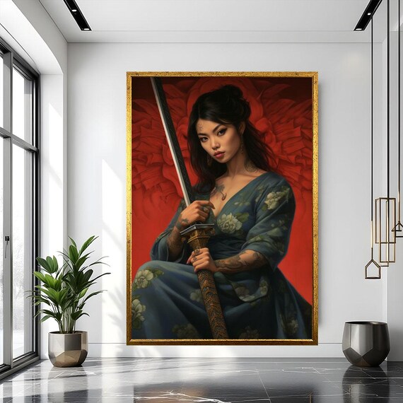 Fierce Tattooed Samurai Woman with Sword Red Flames Portrait Poster