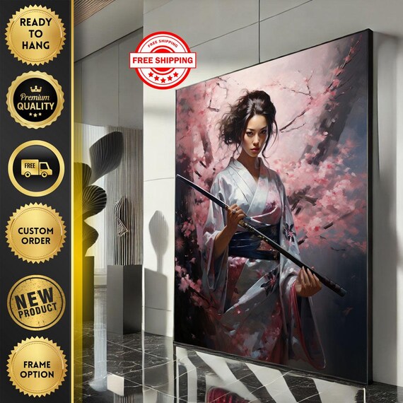 Kimono Woman With Katana Beneath Pink Cherry Blossoms Poster