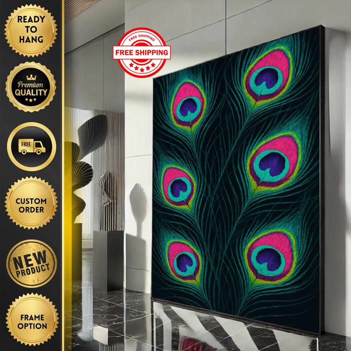 Neon Peacock Feather Bird Art on Black Vibrant Colorful Wall Art