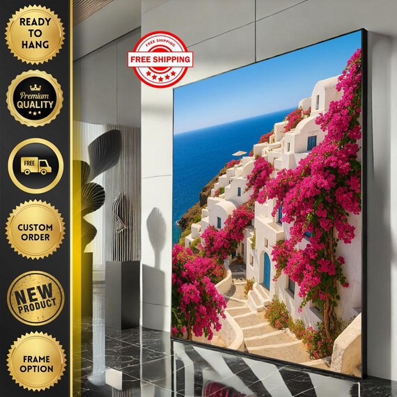 Santorini Greece Bougainvillea Seaside Village Landscape Poster