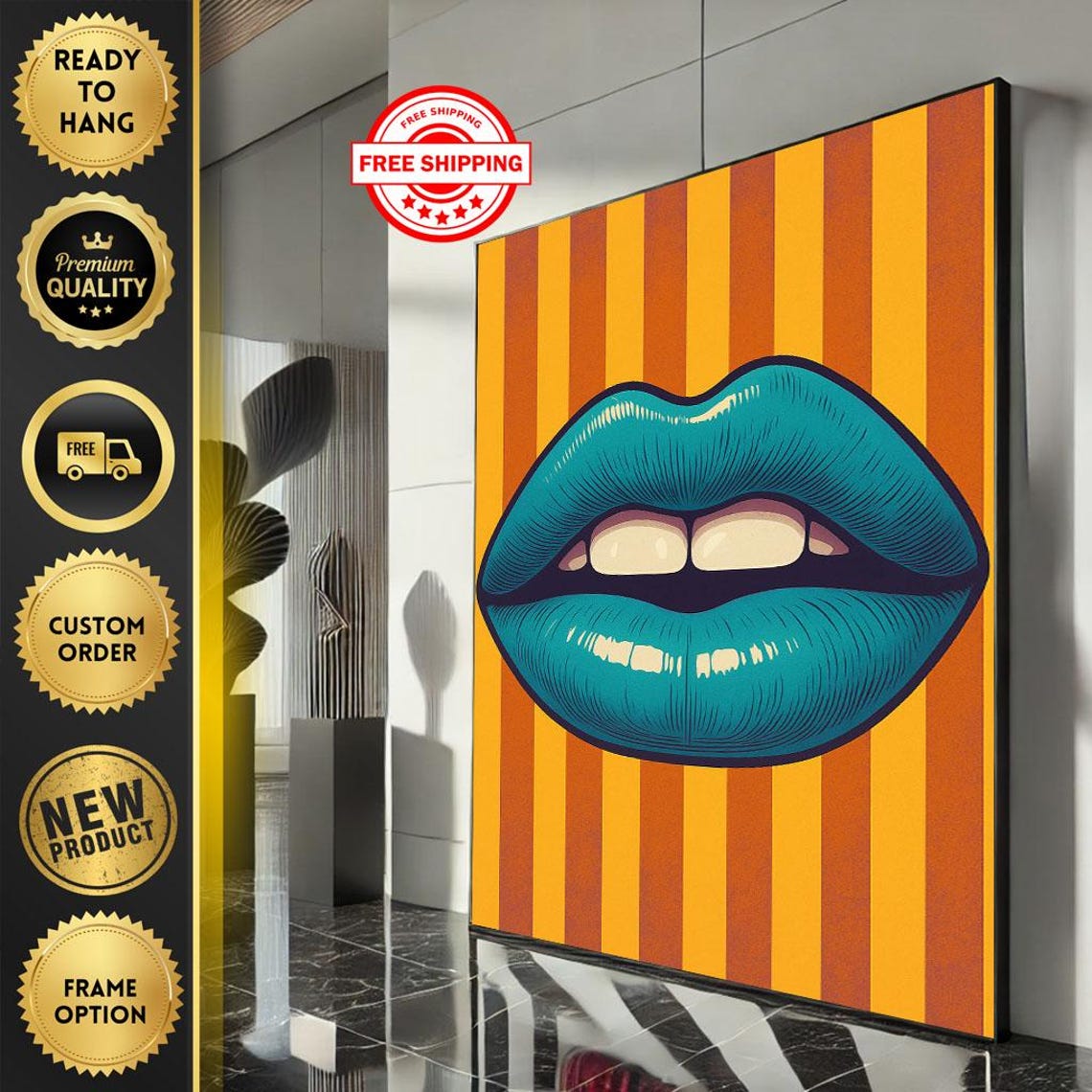 Bold Pop Art Teal Glossy Lips Orange Striped Retro Chic Poster