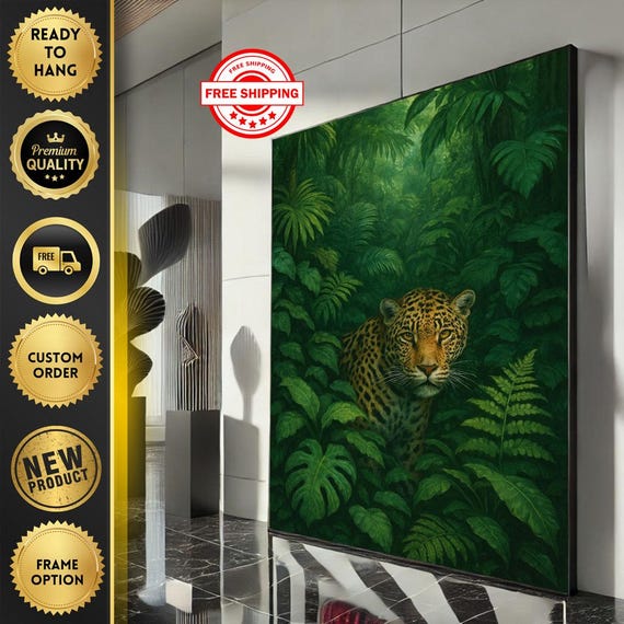 Majestic Jungle Leopard Canvas Wall Art Print Lush Green Living Room Decor Ready To Hang Statement Piece