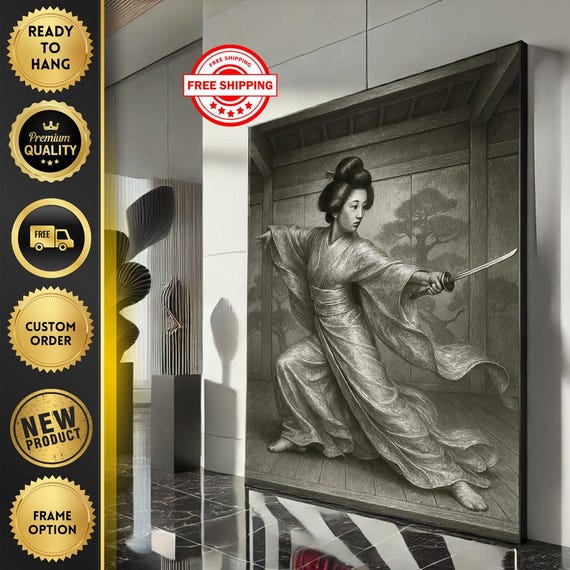 Fierce Japanese Samurai Woman Canvas Wall Art Print Bold Asian Warrior Living Room Decor Statement Piece