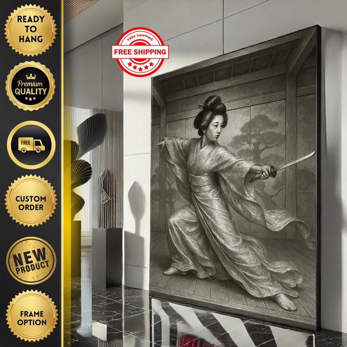 Monochrome Samurai Woman Drawing Katana In Traditional Dojo Poster