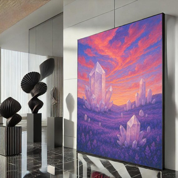 Fantasy Crystal Landscape Amethyst Clusters Pink Sunset Sky Dreamlike Art Poster
