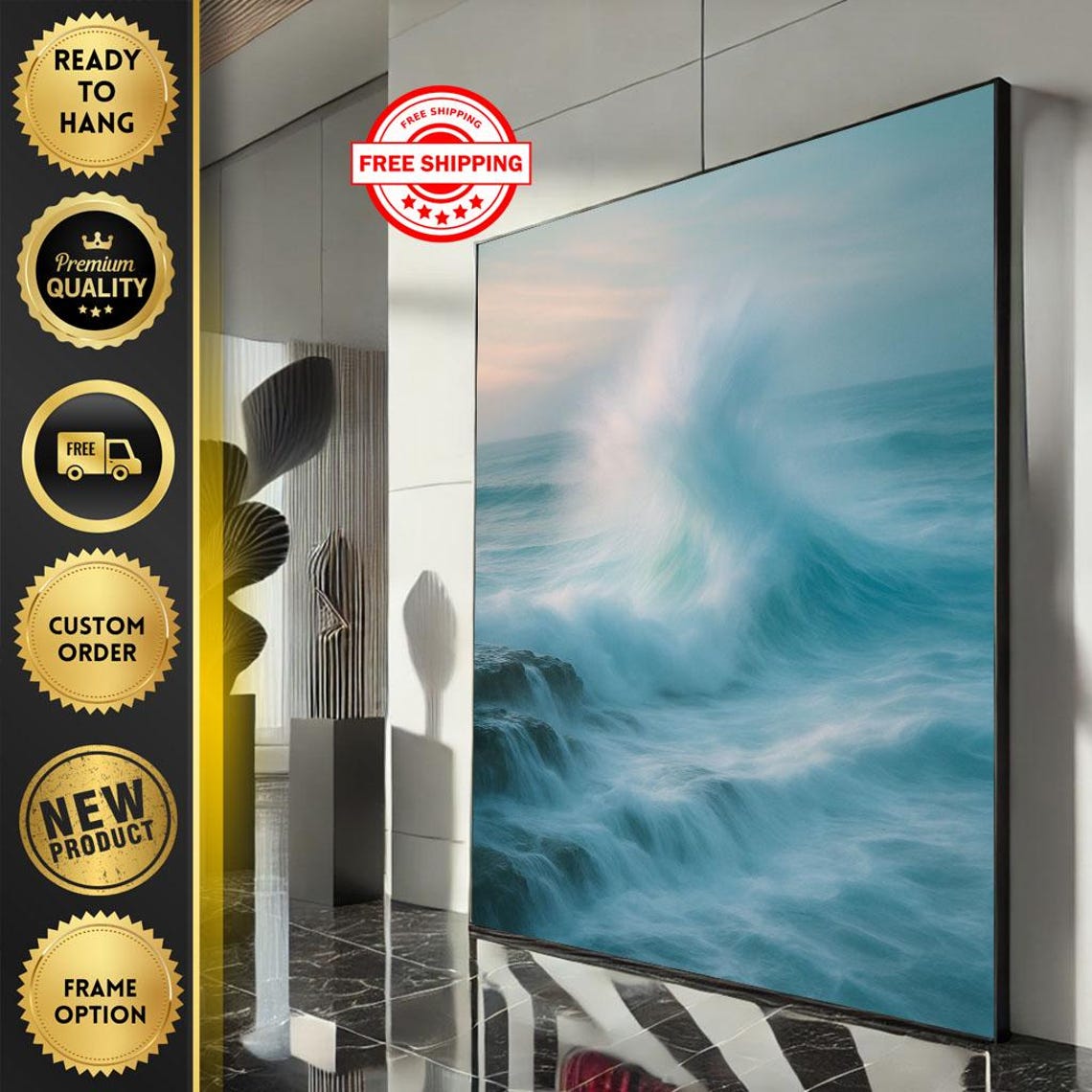 Misty Ocean Wave Crashing On Dark Rocks Coastal Scene Poster