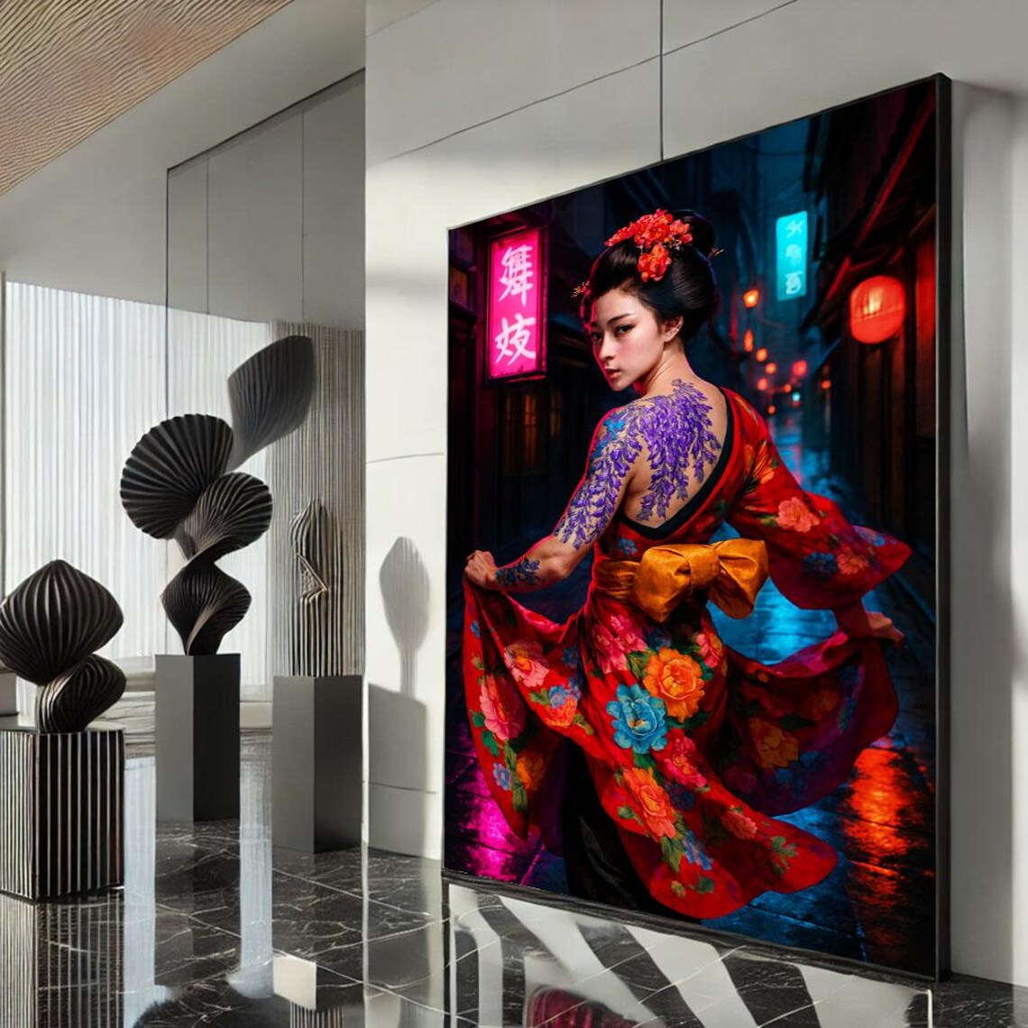 Neon Lit Alley Tattooed Geisha Red Floral Kimono Night Poster