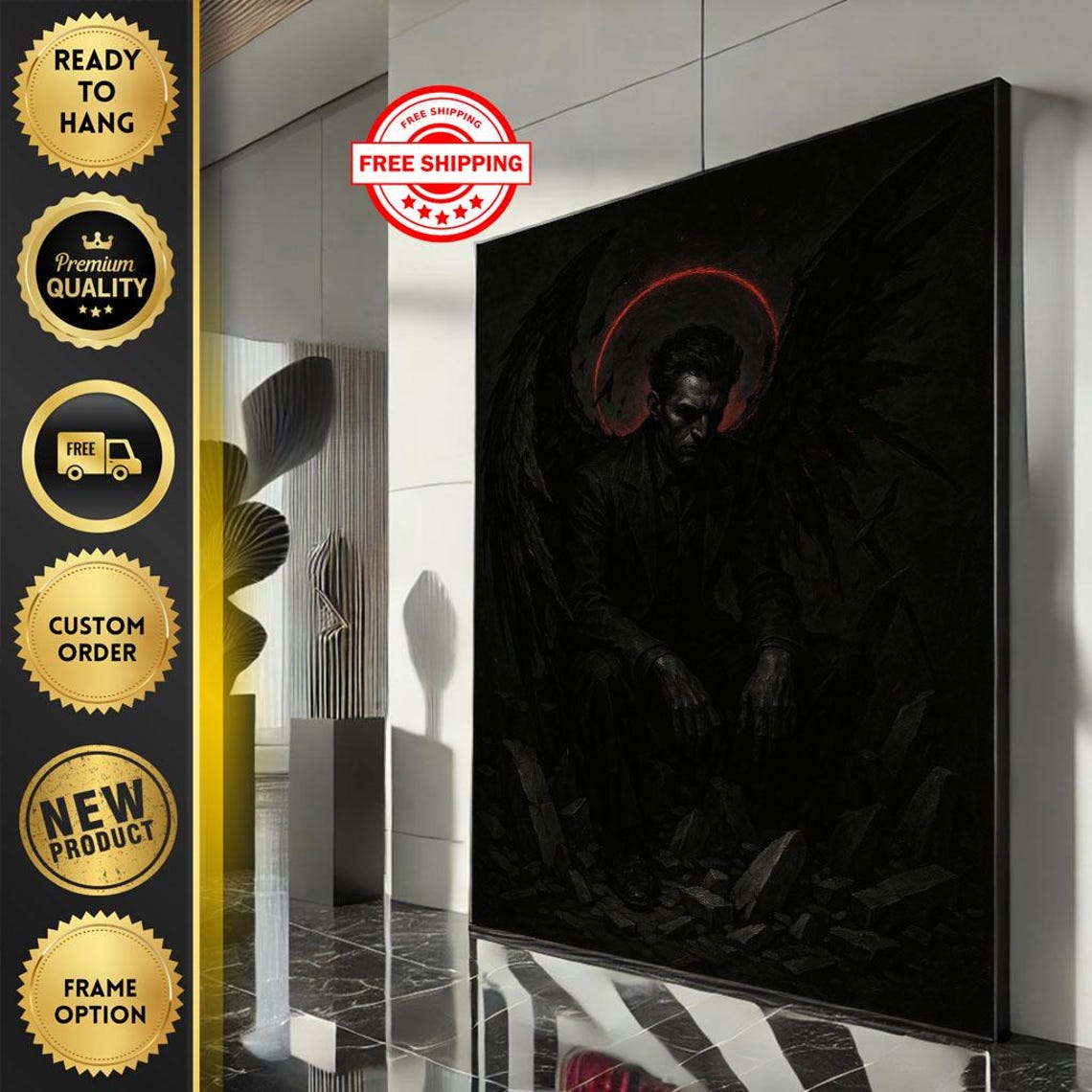 Dark Fallen Angel with Black Wings and Glowing Red Halo Poster