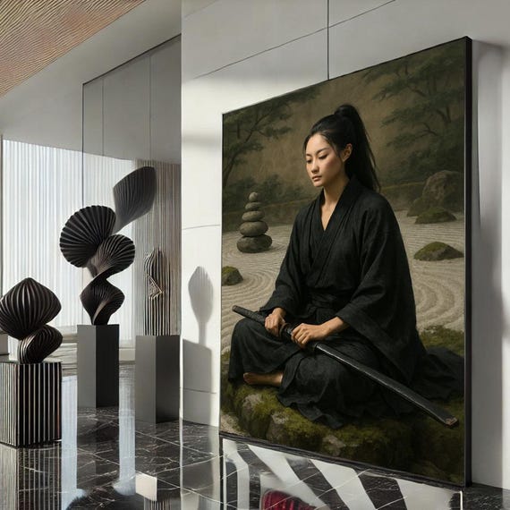 Zen Samurai Woman Canvas Wall Art Print Minimalist Japanese Living Room Decor Statement Piece