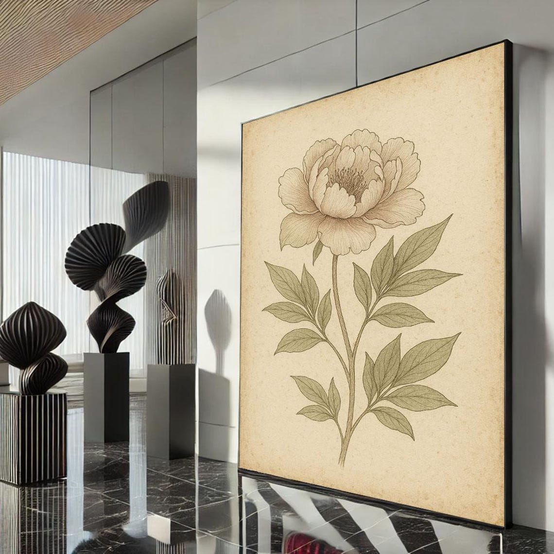 Vintage Peony Botanical Illustration Sepia Floral Art Poster