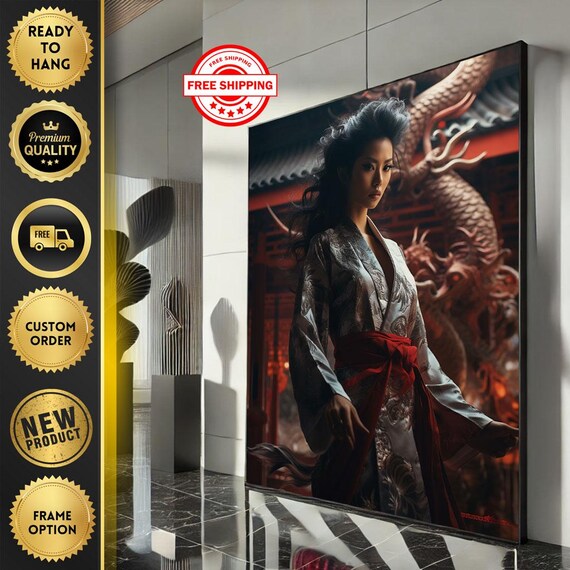 Asian Woman in Ornate Kimono with Red Dragon Cinematic Portrait Poster