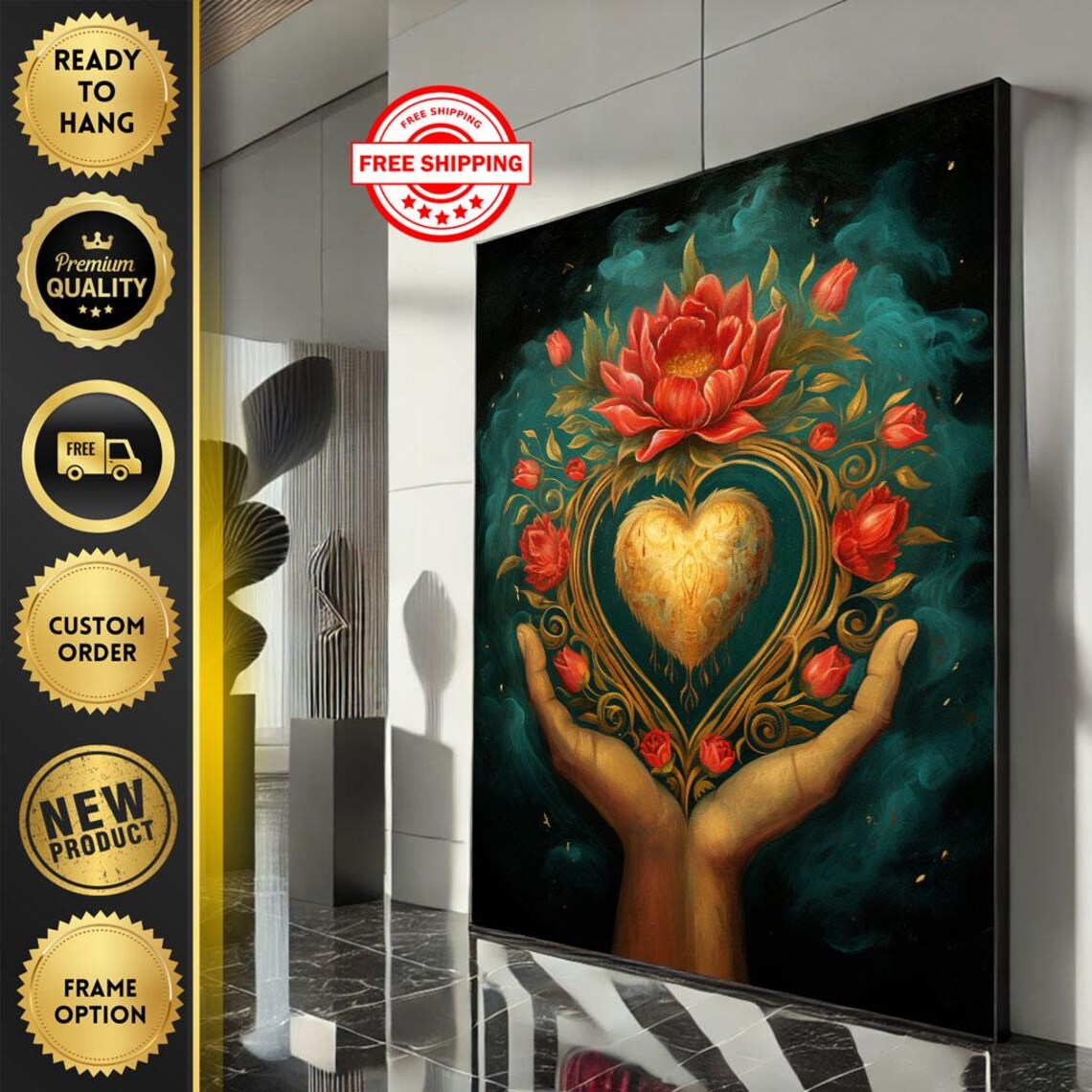 Golden Heart in Cupped Hands with Red Lotus Mystical Floral Poster