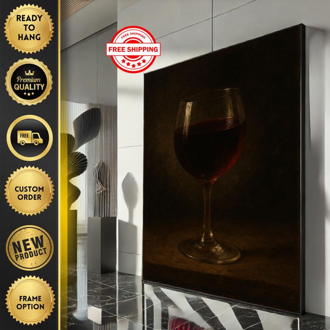 Elegant Red Wine Glass in Dark Moody Oil Painting Style Poster