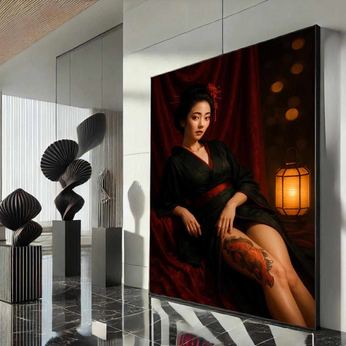 Koi Tattoo Geisha Black Kimono Red Lantern Crimson Evening Poster